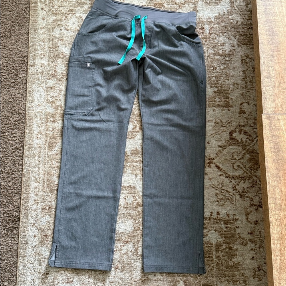 FIGS Straight Leg Medical Scrub Pants in Charcoal with Teal Drawstring